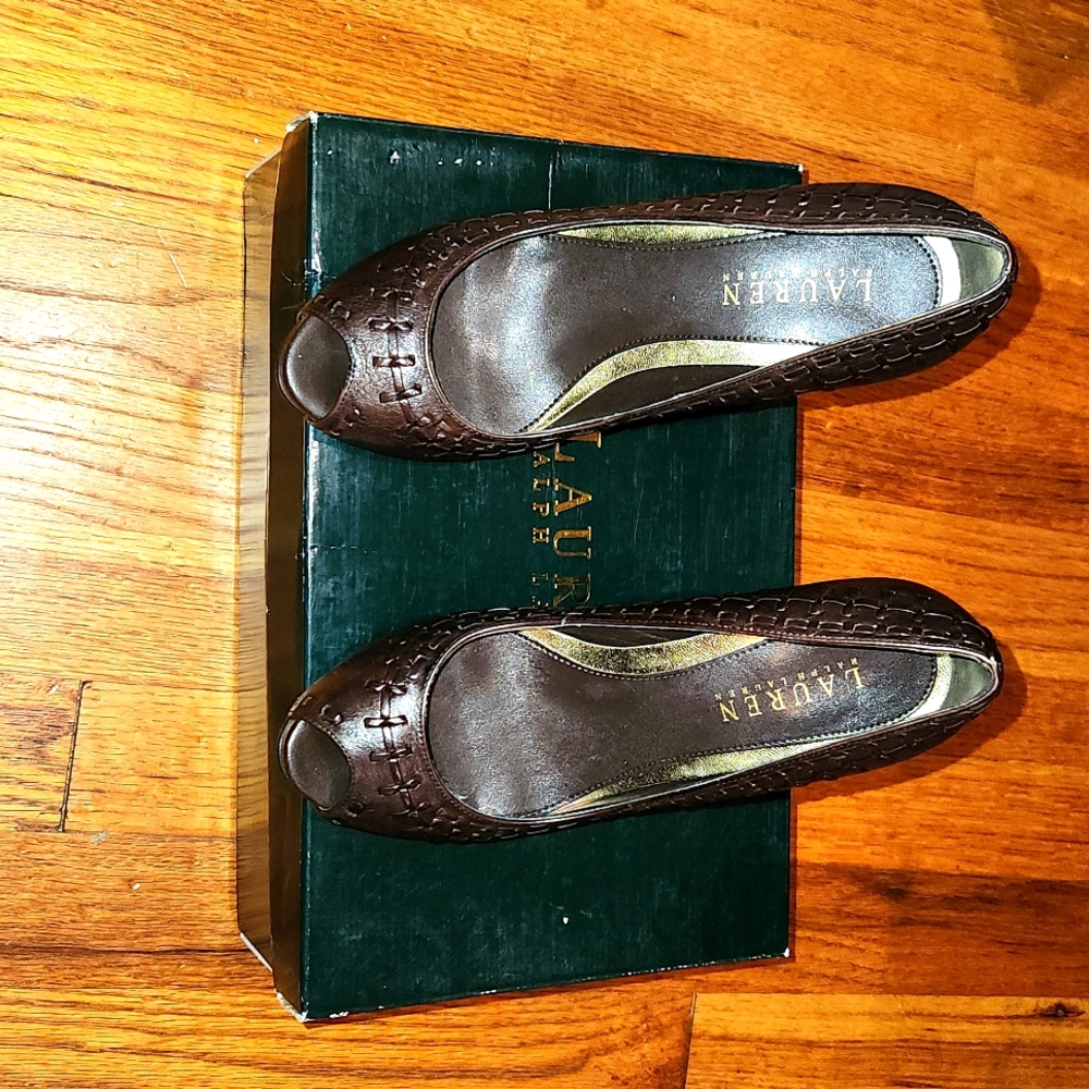 Brown leather Ralph Laren Peeptoe heels